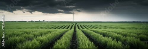 Long row of blackcurrant plantations in dark cloudy sky