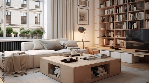 A studio apartment with a coffee table that doubles as a storage ottoman