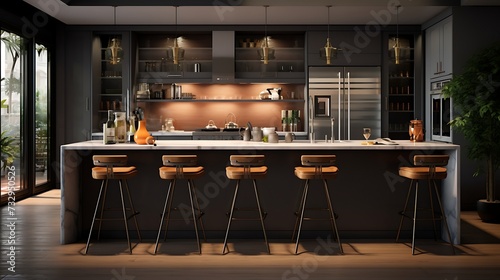 A sleek kitchen with an island bar and trendy bar stools for seating