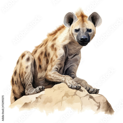 cartoon hyena sitting on a rock in watercolor painting style