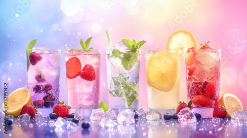 Set of multicolored summer drinks. Mojito, lemonade, berry, strawberry lemonade or cocktail with iced - generative ai