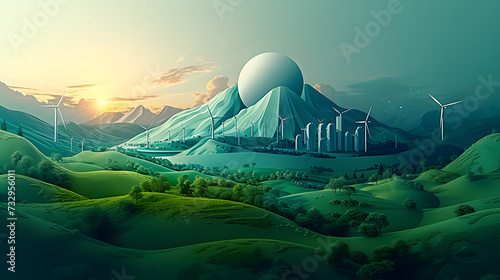 renewable energy with green energy as wind turbines , Renewable energy by 2050 Carbon neutral energy , Energy consumption and CO2, Reduce CO2 emission concept