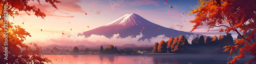 Mt Fuji, Mount Fujis landscape in Japan, Japanese famous tourism travel destination, cartoon anime style illustration landscapes background, generated ai