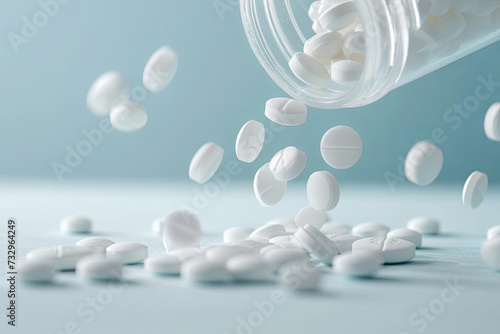 White pills or tablets falling into a clear pill bottle