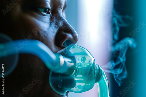 An individual utilizing a nebulizer to inhale medication