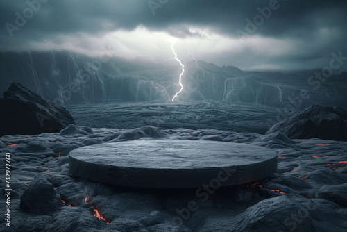 Black matte rock podium on black valcano lava floor and gloomy dark sky behind with lightning strike.
