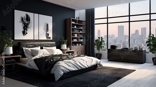 A high-contrast bedroom with hidden cabinets, featuring a black and white color scheme for a modern look