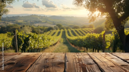 An empty wooden table for product display. Blurred french vineyard in the background