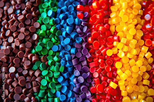 Dyed synthetic polymer resins granulates. Recycled plastic granules with mixed colors