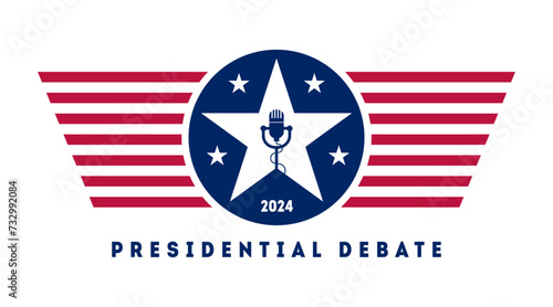 Presidential debate on the eve of the US presidential election. A stylized microphone inside a star. 2024.