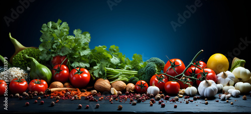 Vegetables set and spices for cooking on dark background.
