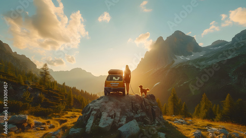 A man and woman have a road trip by a car with a dog. They look out at mountains.