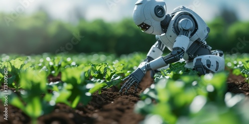 Photorealistic Image of a robot gently checking crops