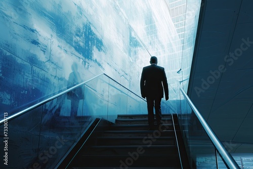 A businessman briskly ascends the stairs, representing the notion of advancing up the career ladder.