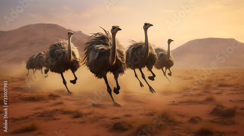 Ostriches running across the desert.