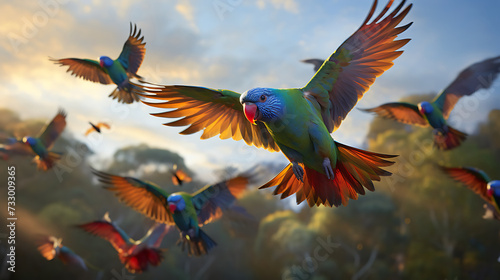 Rainbow lorikeets in flight.