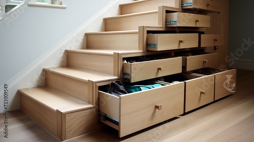 Elm wood hidden storage drawers beneath staircase steps