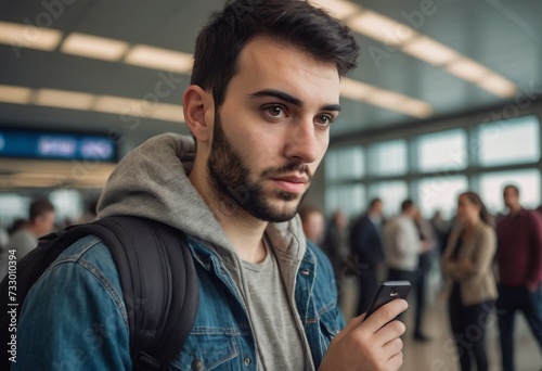 Young male traveler with backpack waiting at the airport departure terminal