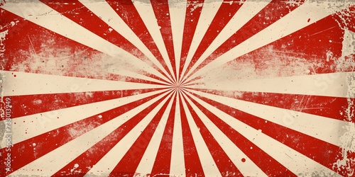 Retro circus design with swirling rays and distressed texture, featuring a red and white sunburst pattern against a vintage summer fair or tent backdrop.