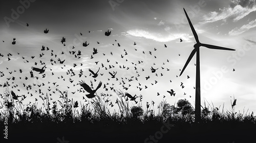 A dramatic silhouette of birds in flight around a solitary wind turbine at dusk. 