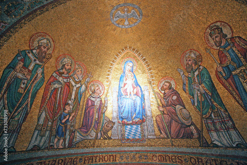 Mosaic of Madonna among the saints over a side altar inside the the Church of the Benedictine Abbey of the Dormition, Mount Zion, Jerusalem, Israel