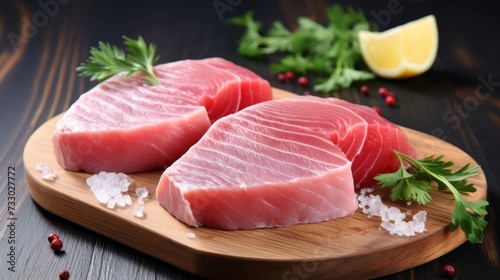 Beautiful composition of a tuna steak. Fresh fatty piece of tuna steak in a restaurant. High quality seafood concept. Healthy bluefin tuna steak. Nice pink fish meat on a table.