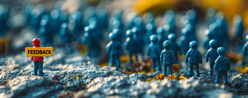 Individual holding a FEEDBACK sign stands out in a crowd of 3D figures, symbolizing the importance of feedback in a community or organization