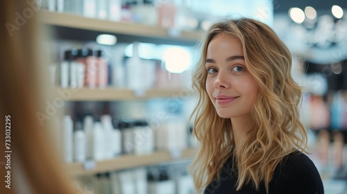 Beautiful young saleswoman helps a buyer choose cosmetics in a large cosmetics store large copyspace area