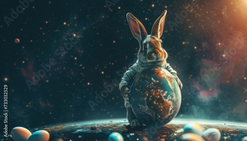 Bunny in space holding an egg-shaped earth