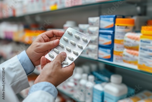 A pharmacist holds a blister with pills against the background of shelves with various medicines