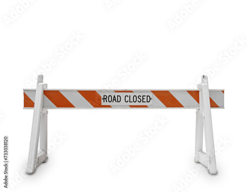 White and orange road closed barricade sign isolated on white background. Safety and restriction concept