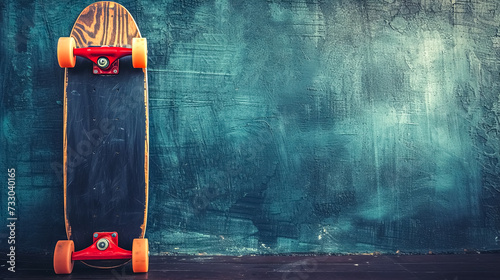 A skateboard is leaning against a wall on a wooden floor, copy space