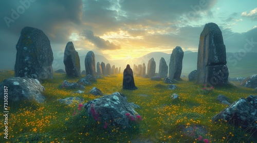 A man stands among megalithic stones and a Celtic landscape. Background celebrating St. Patrick's Day Patrick.