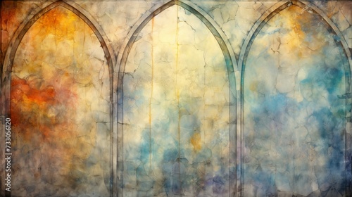 Colorful watercolor painting of a stone wall with three arched openings