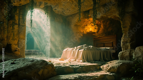 Resurrection of Jesus Christ - tomb empty with shroud.