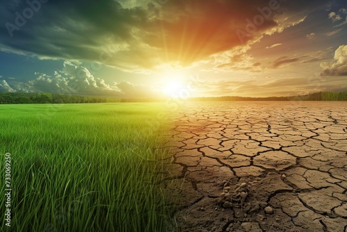 Field from green grass to thirsty. problem of global warming. Generative AI