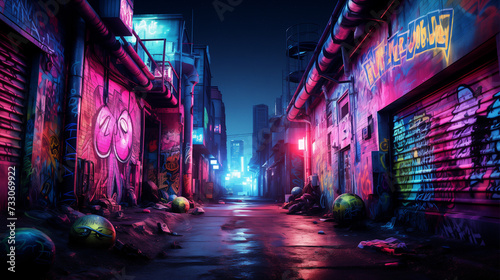Vibrant graffiti art illuminates a dark alley with psychedelic neon colors.