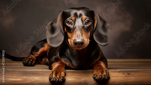 Dachshund with a long body and short legs in a playful pose