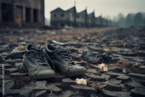 An old pair of shoes with untied laces in a dilapidated ex prison camp. Holocaust symbol