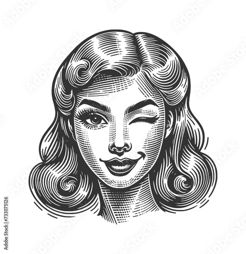Retro Girl Winks. Vintage woodcut engraving style vector illustration isolated on white.