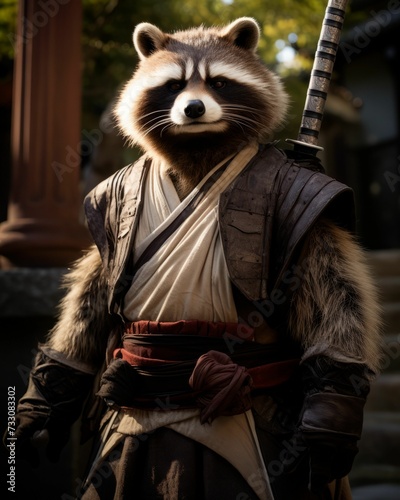 AI generated illustration of a raccoon wearing a costume and headpiece while holding two swords