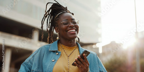 A multiethnic woman with Afro-Cuban heritage looks at her cell phone while sporting stylish dreadlocks.