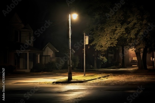 AI generated illustration of a street corner with a lamp post at night