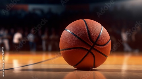 AI generated illustration of an orange basketball on a hardwood floor