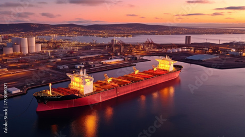 Aerial view of a large red cargo ship docked next to an industrial oil and gas tank storage complex.