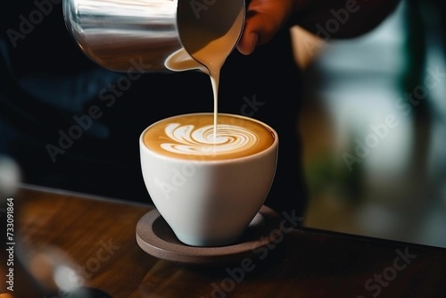 coffee being poured in a white cup on top of a saucer