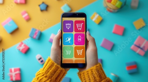 Person using a colorful online shopping app on a smartphone amidst scattered gift boxes.