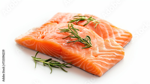 Fresh raw salmon fillet and steak with lemon slices on a green background