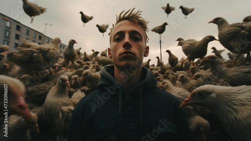 An AI illustration of a man stares at a bunch of chickens that is in a yard
