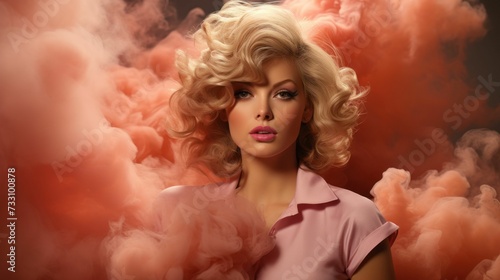 beautiful blond woman posing in pink smoke clouds of red color